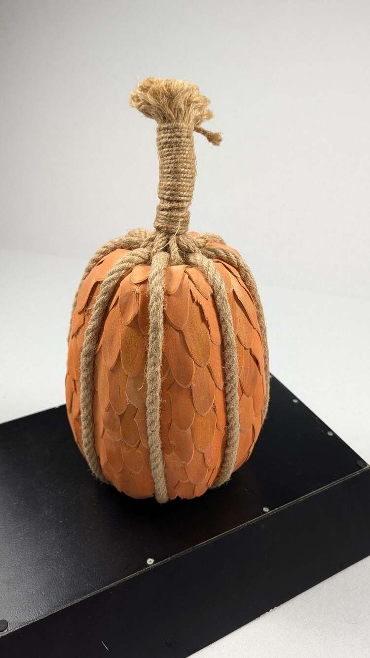 Gisela Graham Carved Wood Scallop Pumpkin Halloween Autumn Figurine Jute Stem